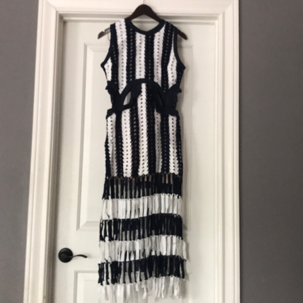Navy/White cut out dress w/ fringe